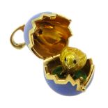 Victor Mayer for Faberge 18ct gold and blue guilloche enamel pendant, hinged lid revealing chick wit