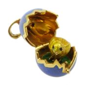 Victor Mayer for Faberge 18ct gold and blue guilloche enamel pendant, hinged lid revealing chick wit