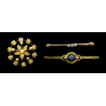 Edwardian gold split seed pearl pendant brooch, gold diamond and sapphire brooch stamped 15c and a g