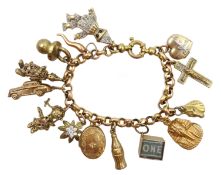 Gold belcher link bracelet with fourteen gold charms including ragdoll, clown, horse and money box,