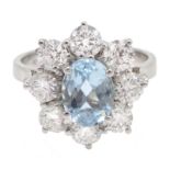 18ct white gold aquamarine and diamond flower cluster ring, hallmarked, aquamarine approx 1.30 carat