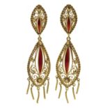 Pair of 18ct gold filigree and enamel pendant earrings, hallmarked [image code: 6mc]