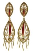 Pair of 18ct gold filigree and enamel pendant earrings, hallmarked [image code: 6mc]