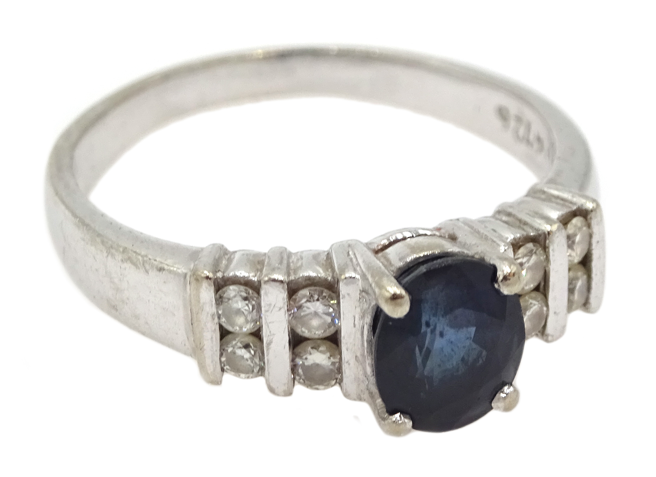 18ct white gold oval sapphire ring, with diamond set shoulders, stamped 750 - Image 3 of 4