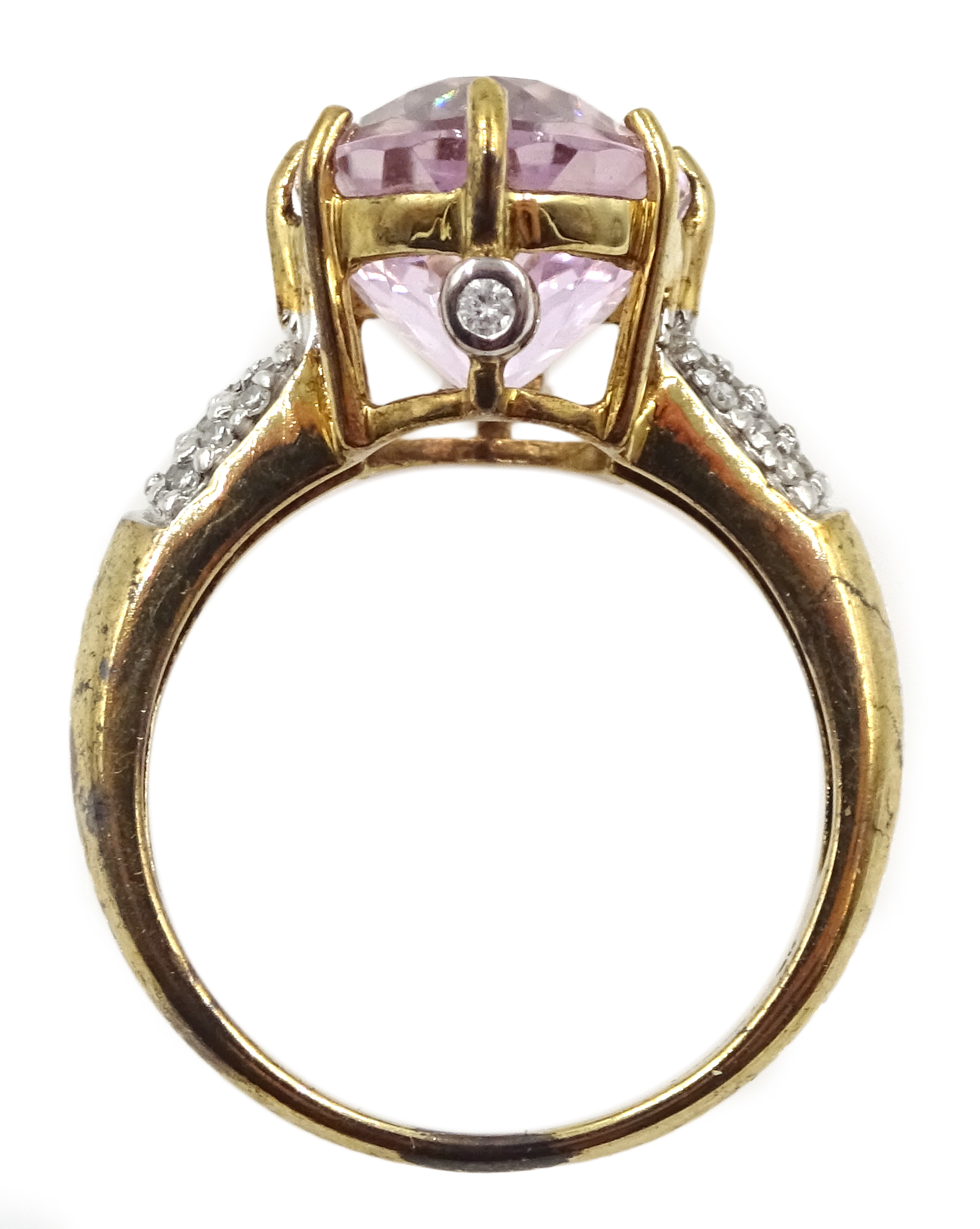 9ct gold oval kunzite ring with diamond set shoulders and gallery, hallmarked - Image 3 of 3