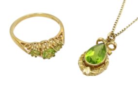 Gold peridot pendant necklace and gold three stone peridot ring, both 9ct hallmarked or stamped