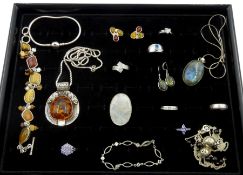 Silver diamond set ring, silver amber pendant necklace, silver stone set rings, silver pendant neckl