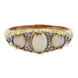 9ct gold three stone opal and diamond chip ring