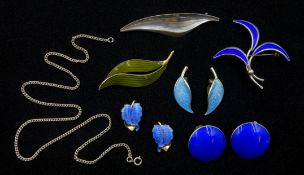 Norwegian and Danish silver and enamel jewellery including David Anderson leaf clip earrings, Aksel