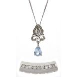 9ct white gold blue topaz and diamond pendant necklace and 14ct white gold diamond set pendant slide