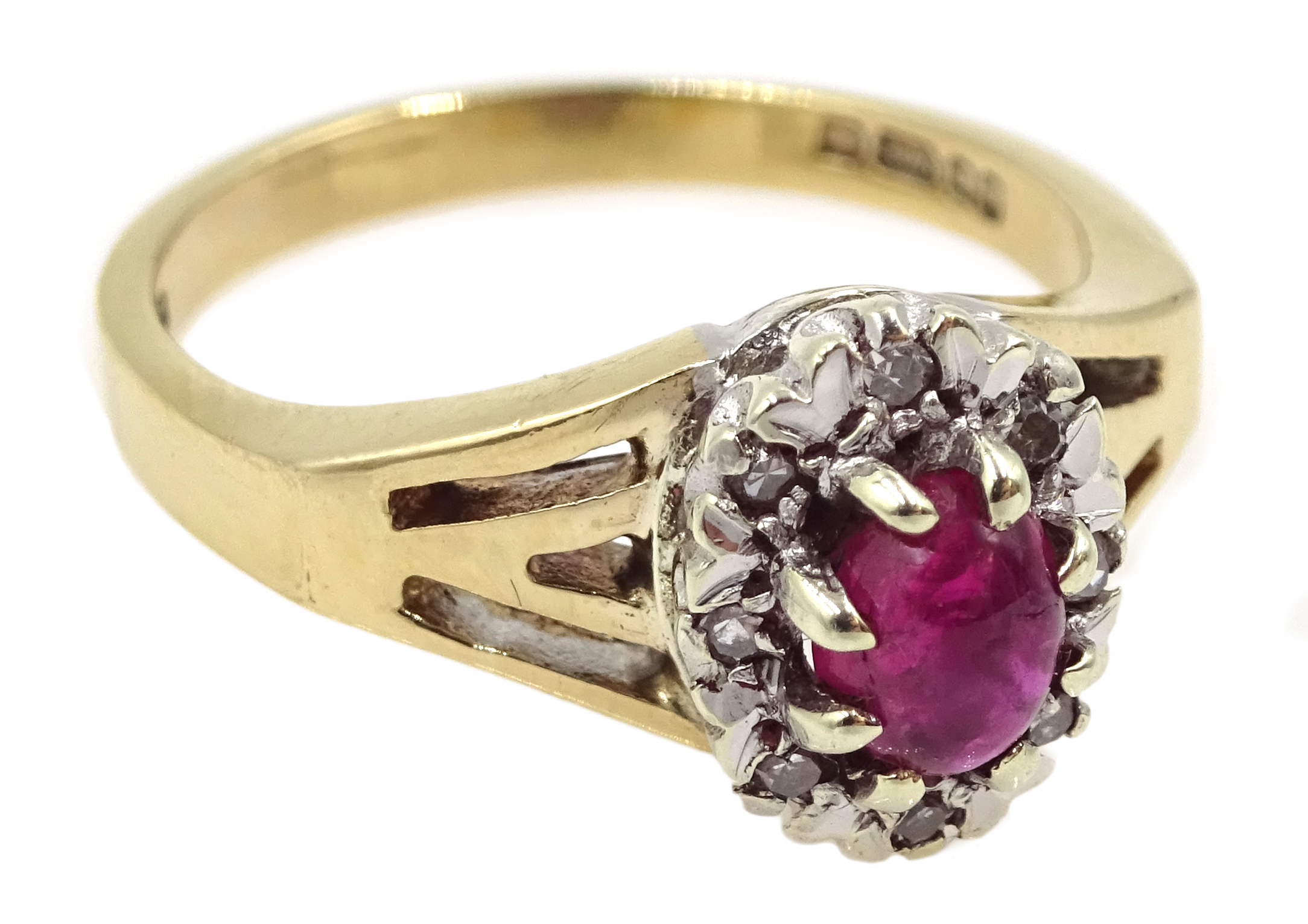 9ct gold cabochon ruby and diamond cluster ring, hallmarked - Image 2 of 3