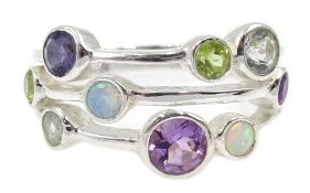 Silver opal, aquamarine, peridot, sapphire and amethyst ring, stamped 925