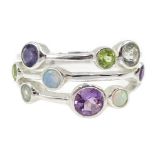 Silver opal, aquamarine, peridot, sapphire and amethyst ring, stamped 925