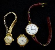 9ct gold manual wind wristwatch, Glasgow import marks 1924 on leather strap, 9ct gold cased watch ha