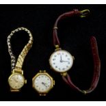 9ct gold manual wind wristwatch, Glasgow import marks 1924 on leather strap, 9ct gold cased watch ha