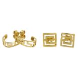 Two pairs of 18ct gold key design hoop and square stud earrings, all stamped 750