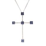 18ct white gold sapphire and diamond cross pendant necklace, stamped 750