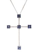 18ct white gold sapphire and diamond cross pendant necklace, stamped 750