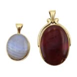 Gold bloodstone and agate swivel pendant and one other gold agate and stone set pendant, both hallma