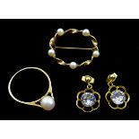 Gold pearl ring, gold pearl brooch and a pair of gold pendant earrings, all hallmarked 9ct