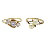 14ct gold three stone cubic zirconia ring, hallmarked and 9ct gold pearl ring