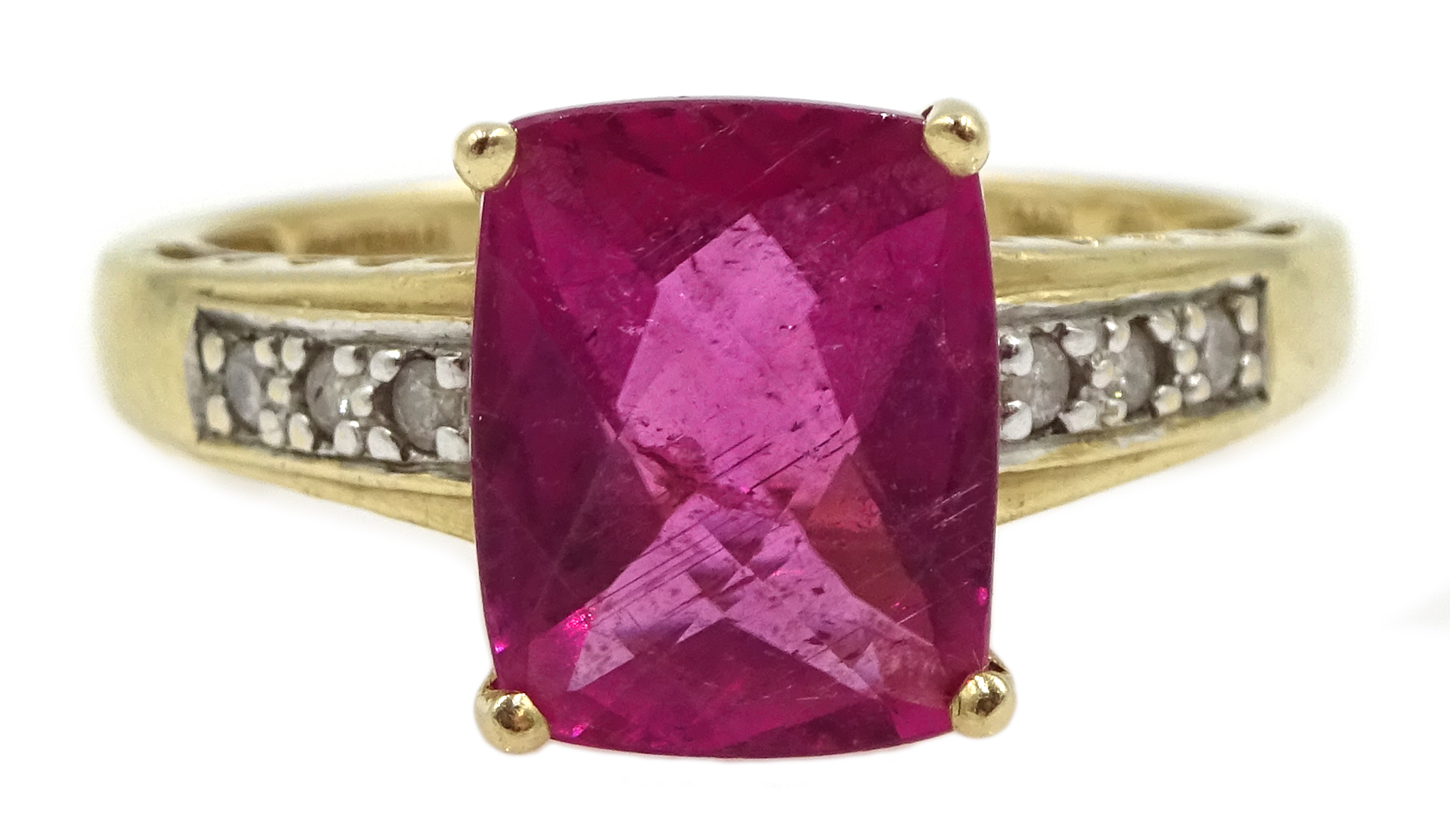 14ct gold briolette cut rubellite ring, with diamond set shoulders, hallmarked