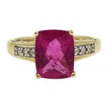 14ct gold briolette cut rubellite ring, with diamond set shoulders, hallmarked