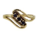 9ct gold three stone sapphire ring, hallmarked