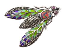 Silver opal, marcasite and plique-a-jour bug brooch/pendant, stamped 925