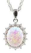 Silver opal and cubic zirconia pendant necklace, stamped 925