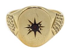 9ct gold garnet set signet ring, hallmarked
