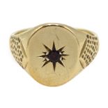 9ct gold garnet set signet ring, hallmarked