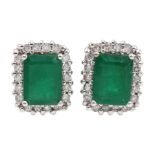 Pair of 18ct emerald and diamond cluster stud earrings, hallmarked
