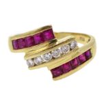 18ct gold round brilliant cut diamond and calibre cut ruby three row ring, stamped 750