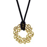 Greek 18ct gold pendant, stylised laurel leaf design set with seven round brilliant cut diamonds, o