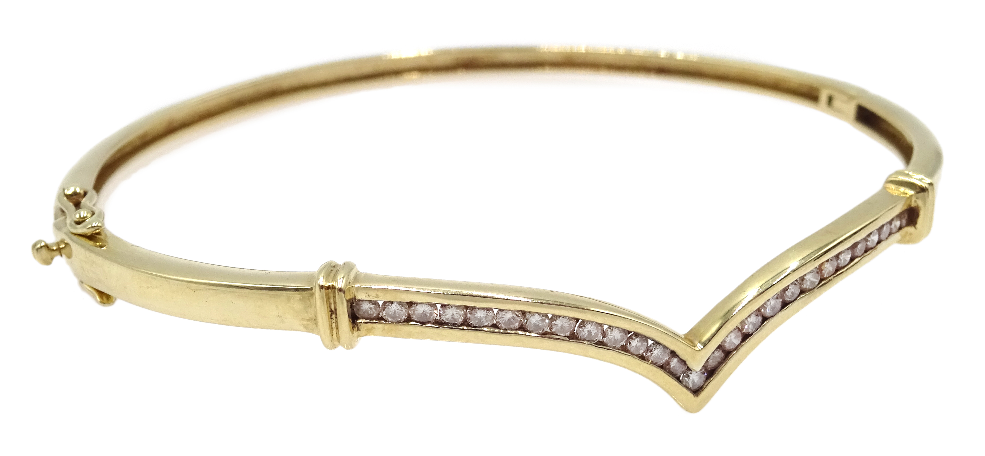 9ct gold diamond set hinged bangle, stamped 375