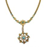 Edwardian 15ct gold turquoise and split pearl pendant necklace
