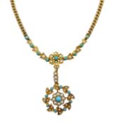 Edwardian 15ct gold turquoise and split pearl pendant necklace