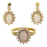 18ct gold opal and cubic zirconia cluster ring and pair of similiar 18ct gold earrings, both stamped