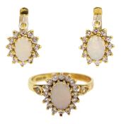 18ct gold opal and cubic zirconia cluster ring and pair of similiar 18ct gold earrings, both stamped