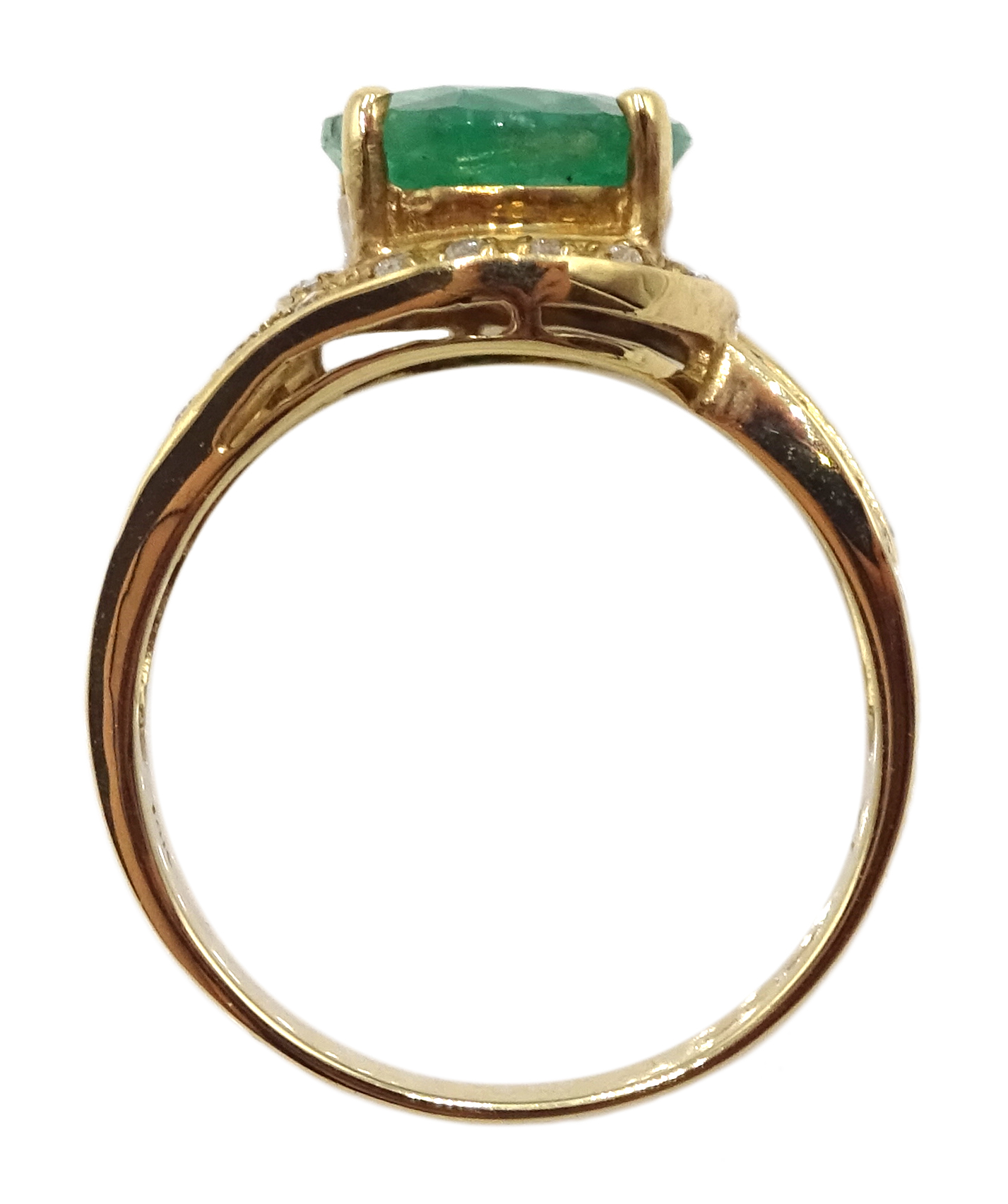 Gold oval emerald ring with diamond swirl surround and shank, stamped 14K - Image 8 of 8