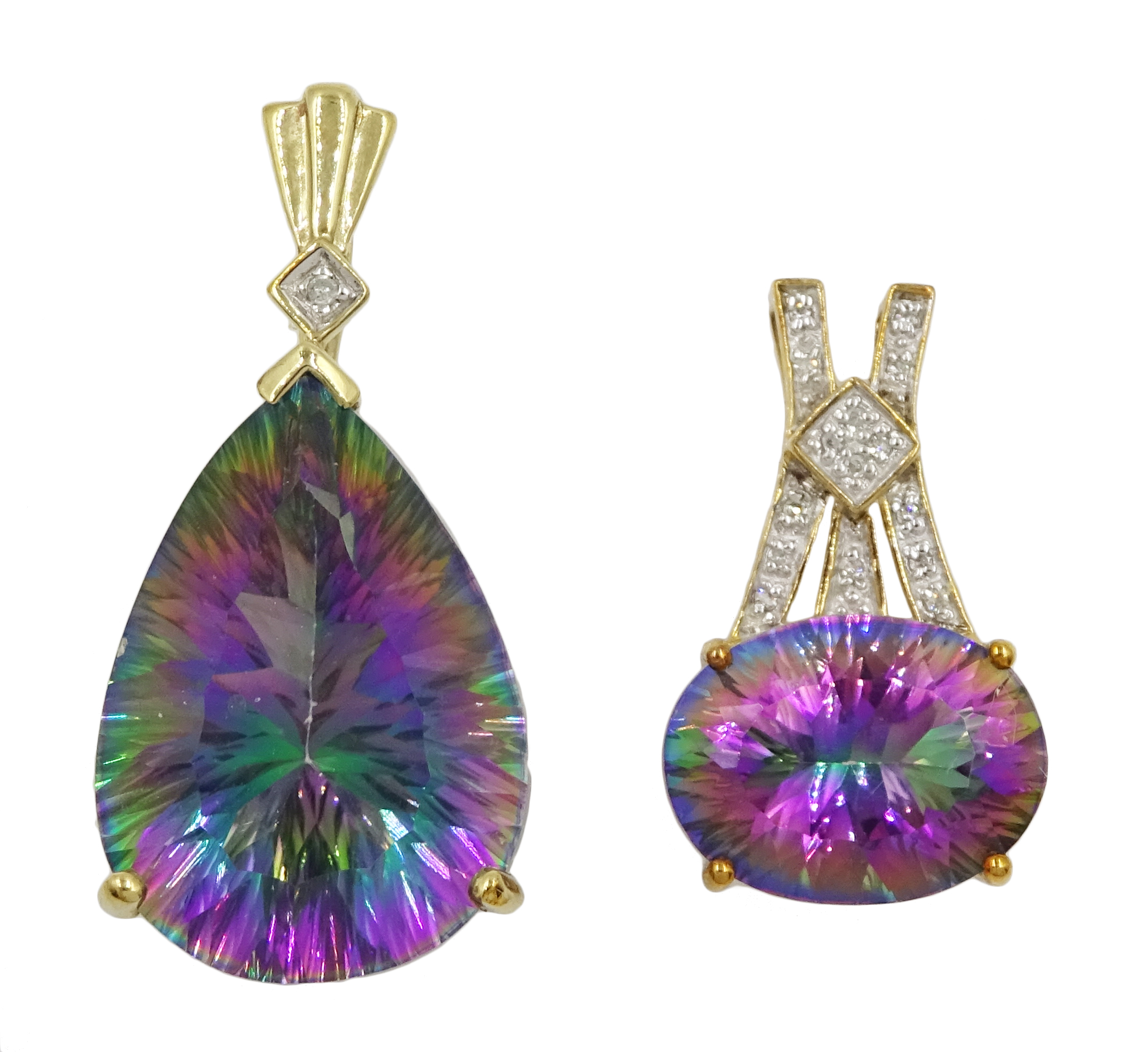 Two 9ct gold oval and pear shaped mystic topaz and diamond pendants, both hallmarked