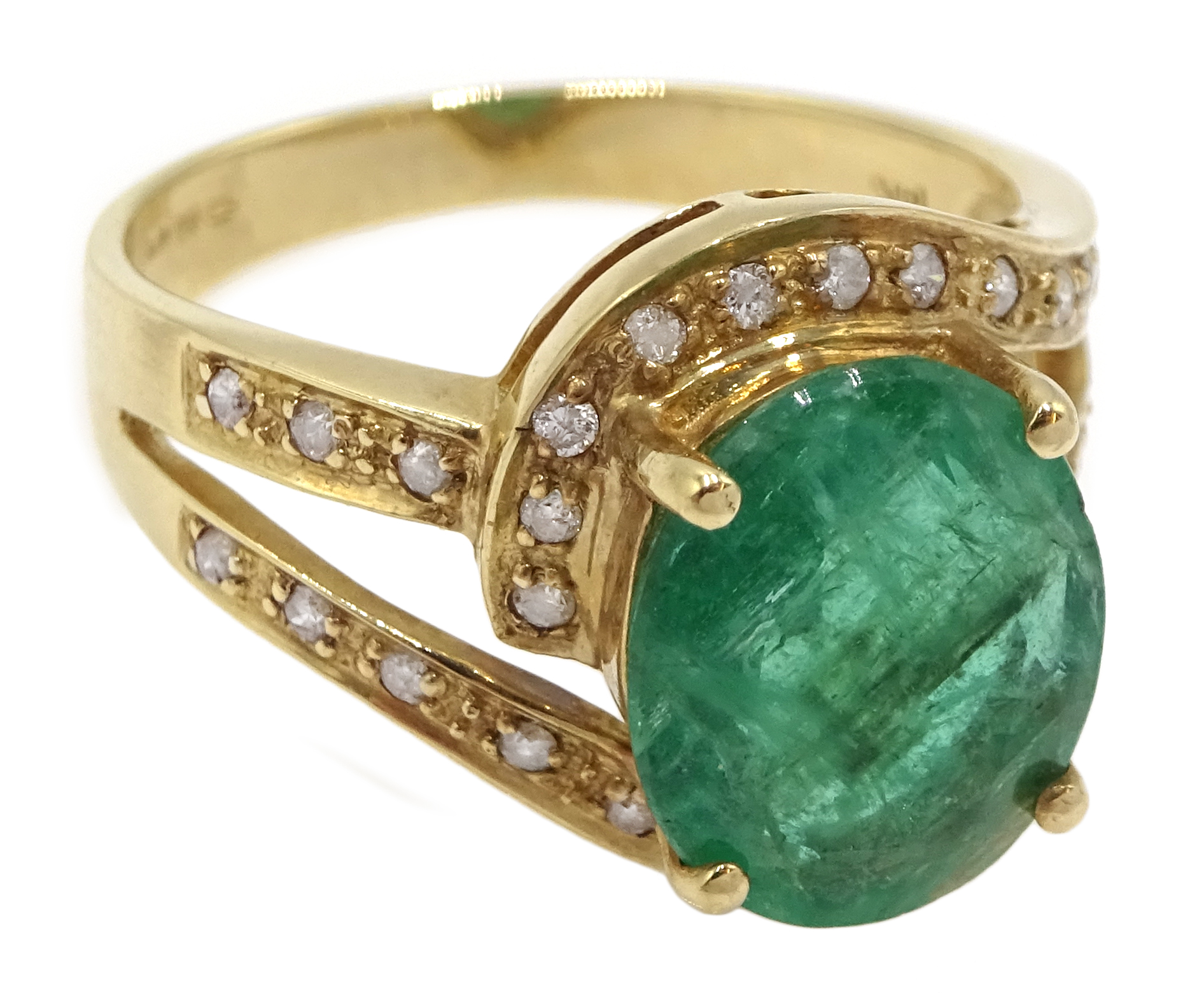 Gold oval emerald ring with diamond swirl surround and shank, stamped 14K - Image 6 of 8