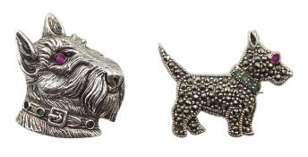 Two silver marcasite dog brooches, both stamped 925