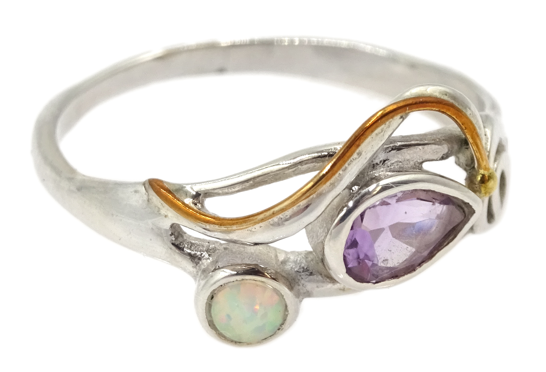 Silver and 14ct gold wire opal and amethyst ring, stamped 925 - Image 2 of 3
