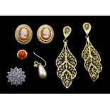 Pair of gold filigree leaf design earrings, pair of gold cameo stud earrings and oddment earrings, a