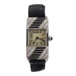 Art Deco platinum diamond and black onyx cocktail watch, on black ribbon [image code: 7mc]