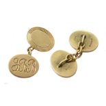 Pair of 9ct gold cufflinks, engine turned decoration and engraved initials, hallmarked, approx 15.4