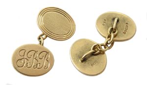 Pair of 9ct gold cufflinks, engine turned decoration and engraved initials, hallmarked, approx 15.4