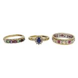 Gold sapphire and diamond cluster ring, gold gem stone set ring and a stone set eternity ring, all h